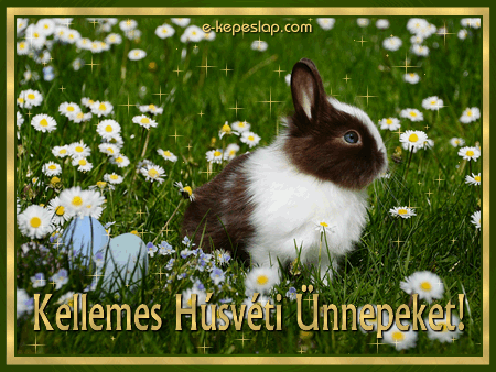 Hsvti kpeslap nyuszival s festett tojsokkal a rten.