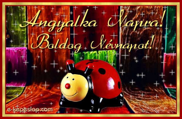 Kpeslap Angyalka nvnapra gyerekeknek, aranyos piros katicabogrral s boldog nvnapot felirattal.