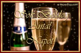 �nnepi hangulat� pezsg�s k�peslap, n�vre sz�l� k�sz�nt� felirattal Antal n�vnapra.