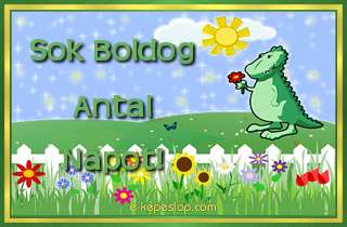 Din�s n�vre sz�l� k�peslap fi�knak Antal n�vnapra, kedves kis z�ld dinoszaurusz �dv�zl�s�vel �s k�sz�nt� felirattal.