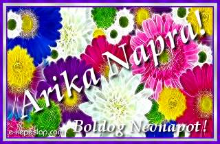 Sznes, virgmints kpeslap nvre szl ksznt felirattal, Arika nvnapra.