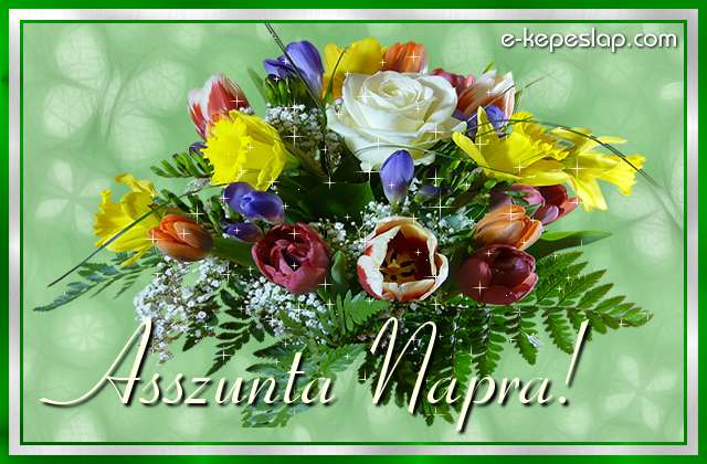 Sz�nes vir�gcsokor n�vre sz�l� k�sz�nt� felirattal, Asszunta n�vnapra.