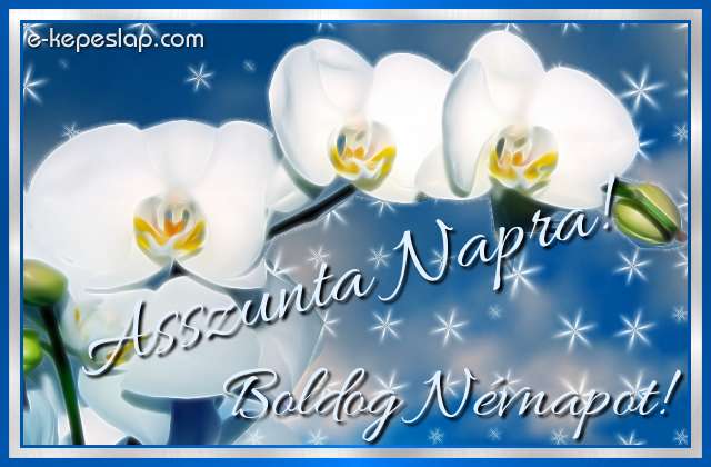 N�vnapi k�peslap Asszunta n�vnapra feh�r orchide�val �s szem�lyre sz�l� k�sz�nt� felirattal.