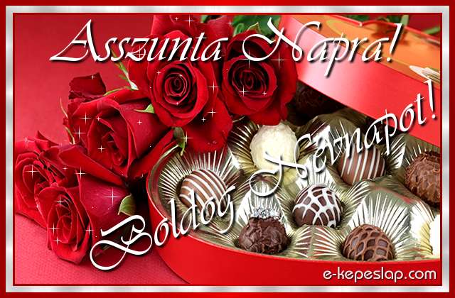 Bonbon �s csillog� v�r�s r�zs�k k�peslap, szem�lyre sz�l� k�sz�nt� felirattal Asszunta n�vnapra.