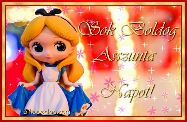 Hercegn�s n�vre sz�l� k�peslap kisl�nyoknak, Asszunta n�vnapra, k�sz�nt� felirattal �s csillog� h�tt�rrel.