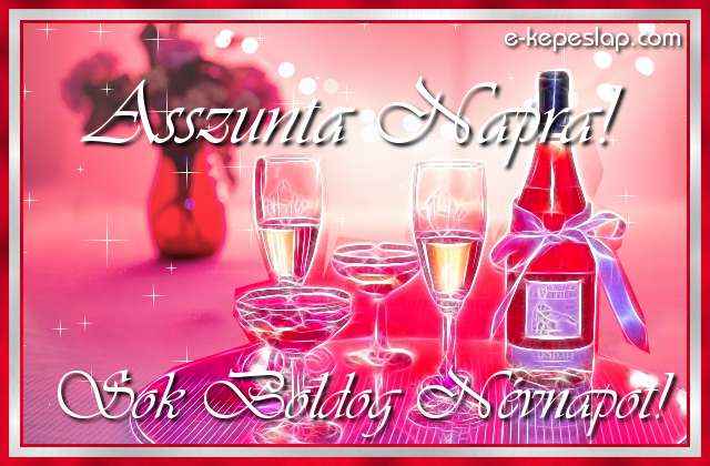 N�vnapi k�peslap Asszunta n�vnapra masnival d�sz�tett pezsg�vel, r�zsasz�n h�tt�rrel, k�sz�nt� felirattal.