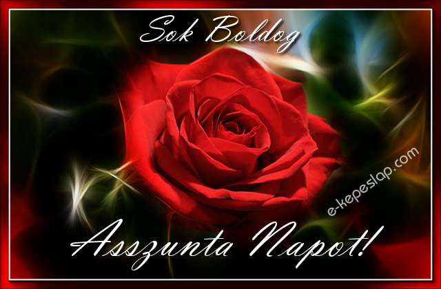 Sejtelmes piros r�zsa n�vre sz�l� k�peslap, Asszunta n�vnapra, k�sz�nt� felirattal.