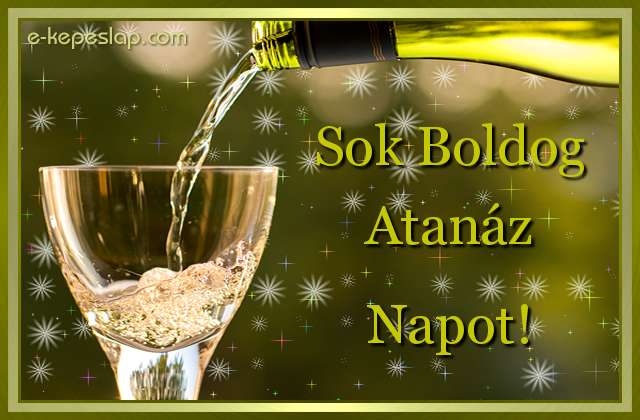 N�vre sz�l� k�peslap Atan�z n�vnapra, k�sz�nt� boros poh�rral, boldog n�vnapot felirattal.