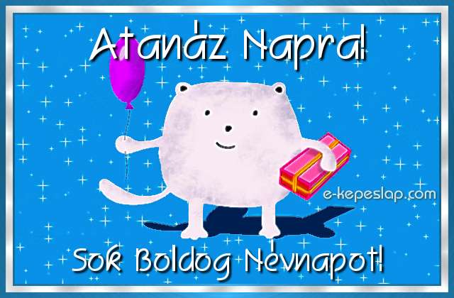 K�peslap Atan�z n�vnapra gyermekeknek, aranyos �llatos figur�val, lufival �s aj�nd�kkal, boldog n�vnapot felirattal.