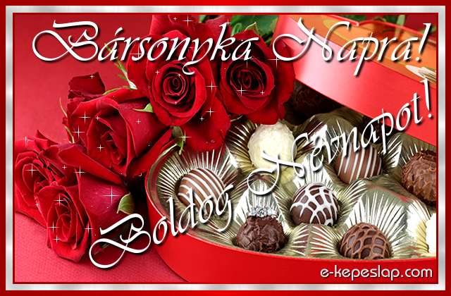 Bonbon s csillog vrs rzsk kpeslap, szemlyre szl ksznt felirattal Brsonyka nvnapra.