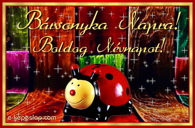 Kpeslap Brsonyka nvnapra gyerekeknek, aranyos piros katicabogrral s boldog nvnapot felirattal.
