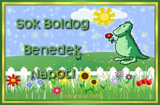 Dins nvre szl kpeslap fiknak Benedek nvnapra, kedves kis zld dinoszaurusz dvzlsvel s ksznt felirattal.