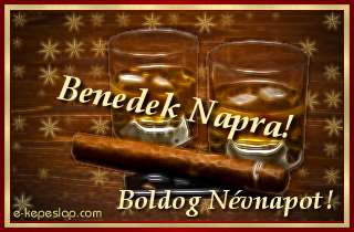 Benedek nvre szl kpeslap, whiskyvel s ksznt felirattal Benedek nvnapra.