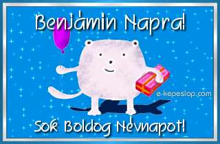 Kpeslap Benjmin nvnapra gyermekeknek, aranyos llatos figurval, lufival s ajndkkal, boldog nvnapot felirattal.
