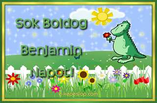 Dins nvre szl kpeslap fiknak Benjamin nvnapra, kedves kis zld dinoszaurusz dvzlsvel s ksznt felirattal.