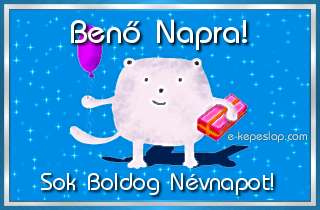 Kpeslap Ben nvnapra gyermekeknek, aranyos llatos figurval, lufival s ajndkkal, boldog nvnapot felirattal.