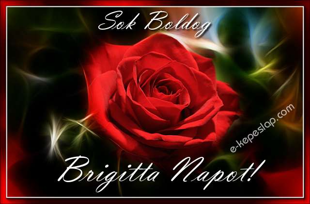Sejtelmes piros rzsa nvre szl kpeslap, Brigitta nvnapra, ksznt felirattal.