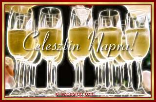 N�vre sz�l� k�peslap Celesztin n�vnapra, pezsg�s poharakkal, k�sz�nt� felirattal.