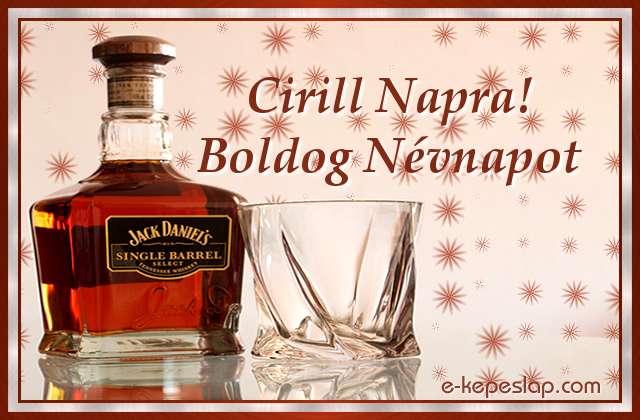 Nvnapi kpeslap Cirill nvnapra whiskeyvel s szemlyre szl ksznt felirattal.