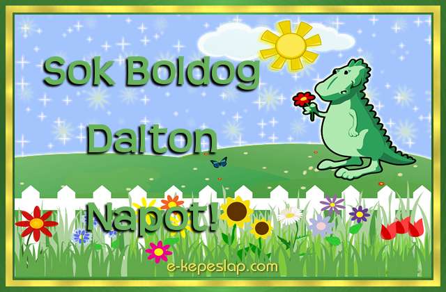 Dins nvre szl kpeslap fiknak Dalton nvnapra, kedves kis zld dinoszaurusz dvzlsvel s ksznt felirattal.