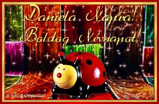 Kpeslap Daniela nvnapra gyerekeknek, aranyos piros katicabogrral s boldog nvnapot felirattal.