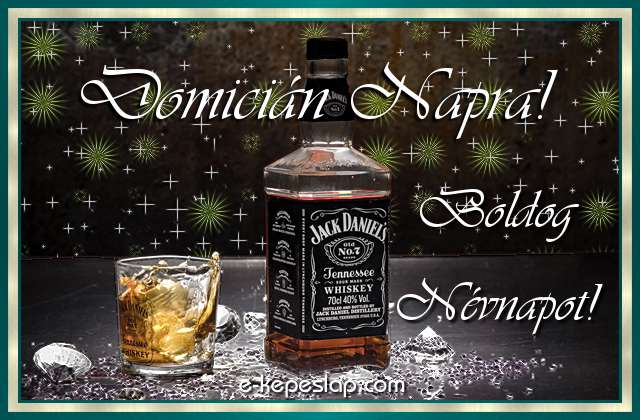 Jg dupla whiskyvel nvnapi, nvre szl kpeslap Domicin nvnapra, ksznt felirattal frfiaknak.