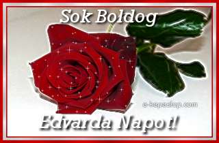 Edvarda n�vre sz�l� k�peslap, csillog� v�r�s r�zsasz�llal �s k�sz�nt� felirattal.