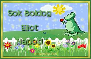 Dins nvre szl kpeslap fiknak Eliot nvnapra, kedves kis zld dinoszaurusz dvzlsvel s ksznt felirattal.