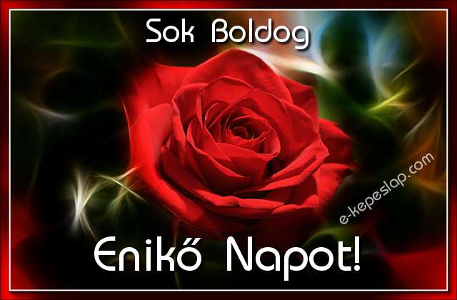Sejtelmes piros rzsa nvre szl kpeslap, Enik nvnapra, ksznt felirattal.