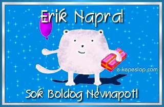 Kpeslap Erik nvnapra gyermekeknek, aranyos llatos figurval, lufival s ajndkkal, boldog nvnapot felirattal.