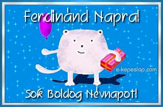 Kpeslap Ferdinnd nvnapra gyermekeknek, aranyos llatos figurval, lufival s ajndkkal, boldog nvnapot felirattal.