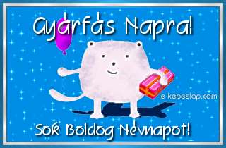 Kpeslap Gyrfs nvnapra gyermekeknek, aranyos llatos figurval, lufival s ajndkkal, boldog nvnapot felirattal.