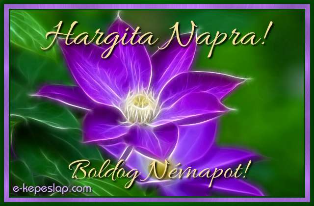 K�peslap Hargita n�vnapra, k�l�nleges f�nyhat�s� lila vir�ggal, boldog n�vnapot felirattal.