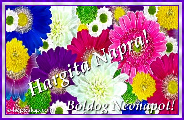 Sz�nes, vir�gmint�s k�peslap n�vre sz�l� k�sz�nt� felirattal, Hargita n�vnapra.