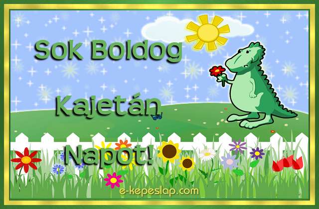 Din�s n�vre sz�l� k�peslap fi�knak Kajet�n n�vnapra, kedves kis z�ld dinoszaurusz �dv�zl�s�vel �s k�sz�nt� felirattal.