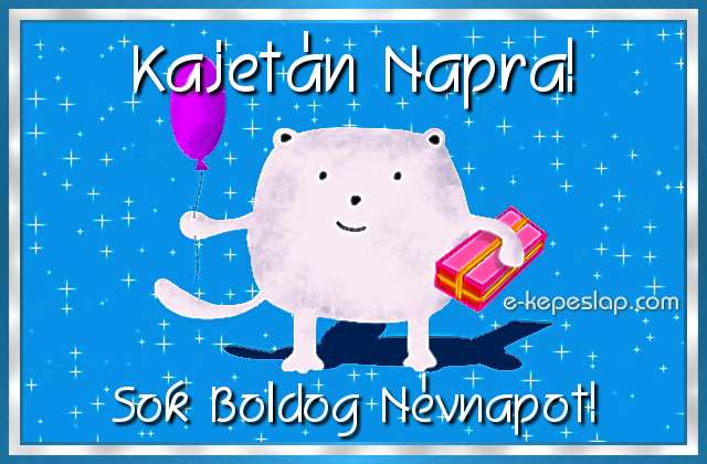 K�peslap Kajet�n n�vnapra gyermekeknek, aranyos �llatos figur�val, lufival �s aj�nd�kkal, boldog n�vnapot felirattal.