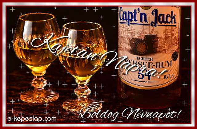 Whisky �s rum n�vre sz�l� poh�rk�sz�nt� f�rfiaknak, Kajet�n n�vnapra, boldog n�vnapot k�sz�nt� felirattal.