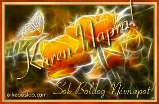 N�vre sz�l� k�peslap Karen n�vnapra, misztikus f�nyhat�s� vir�gokkal �s pillang�val, k�sz�nt� felirattal.