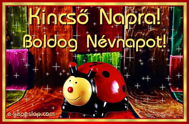 Kpeslap Kincs nvnapra gyerekeknek, aranyos piros katicabogrral s boldog nvnapot felirattal.