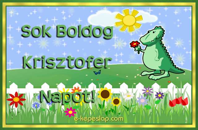 Dins nvre szl kpeslap fiknak Krisztofer nvnapra, kedves kis zld dinoszaurusz dvzlsvel s ksznt felirattal.