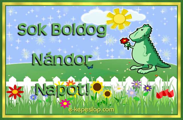 Dins nvre szl kpeslap fiknak Nndor nvnapra, kedves kis zld dinoszaurusz dvzlsvel s ksznt felirattal.
