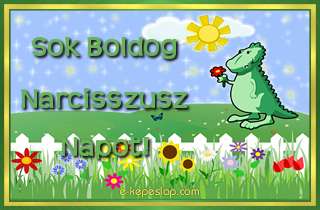 Dins nvre szl kpeslap fiknak Narcisszusz nvnapra, kedves kis zld dinoszaurusz dvzlsvel s ksznt felirattal.