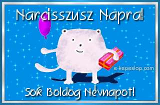 Kpeslap Narcisszusz nvnapra gyermekeknek, aranyos llatos figurval, lufival s ajndkkal, boldog nvnapot felirattal.