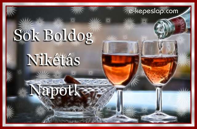 Kpeslap Nikts nvnapra, ksznt boros poharakkal, boldog nvnapot felirattal.