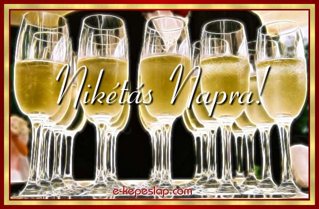 Nvre szl kpeslap Nikts nvnapra, pezsgs poharakkal, ksznt felirattal.