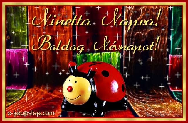 K�peslap Ninetta n�vnapra gyerekeknek, aranyos piros katicabog�rral �s boldog n�vnapot felirattal.
