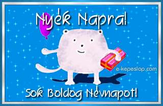 Kpeslap Nyk nvnapra gyermekeknek, aranyos llatos figurval, lufival s ajndkkal, boldog nvnapot felirattal.