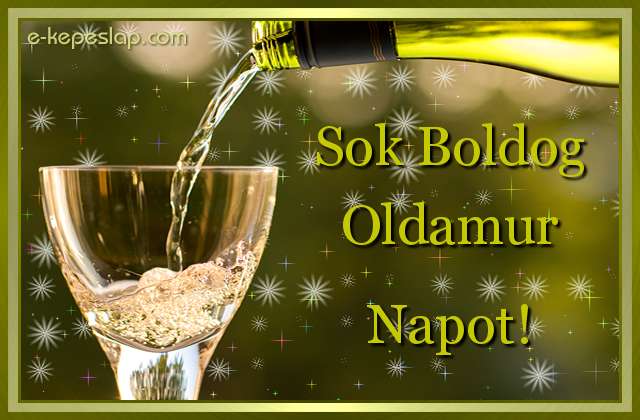 N�vre sz�l� k�peslap Oldamur n�vnapra, k�sz�nt� boros poh�rral, boldog n�vnapot felirattal.