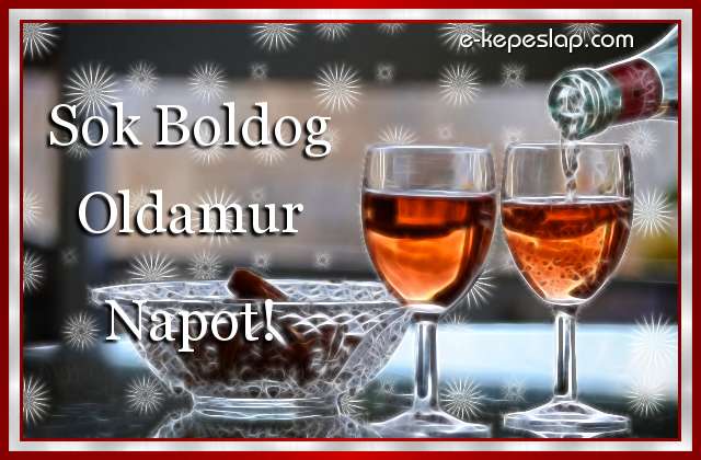 K�peslap Oldamur n�vnapra, k�sz�nt� boros poharakkal, boldog n�vnapot felirattal.