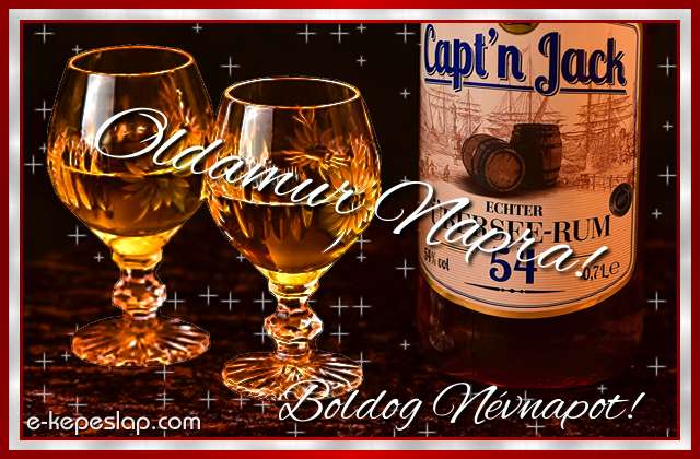 Whisky �s rum n�vre sz�l� poh�rk�sz�nt� f�rfiaknak, Oldamur n�vnapra, boldog n�vnapot k�sz�nt� felirattal.